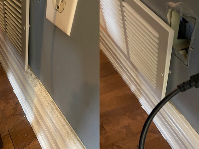 left side shows dusty grimy baseboard and wall vent, right shows it cleaned