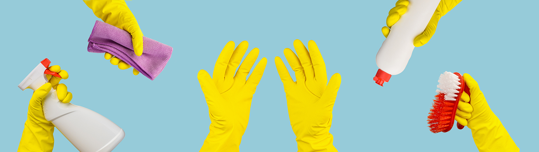cleaning brush, gloves and cloth on blue background