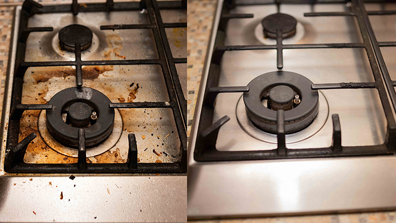 Gas range top dirty and other hald sparkling clean
